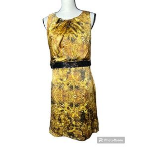 ECI New York Dress Size 8 in Yellow and Brown Silk Print w/Sequin Waist Band